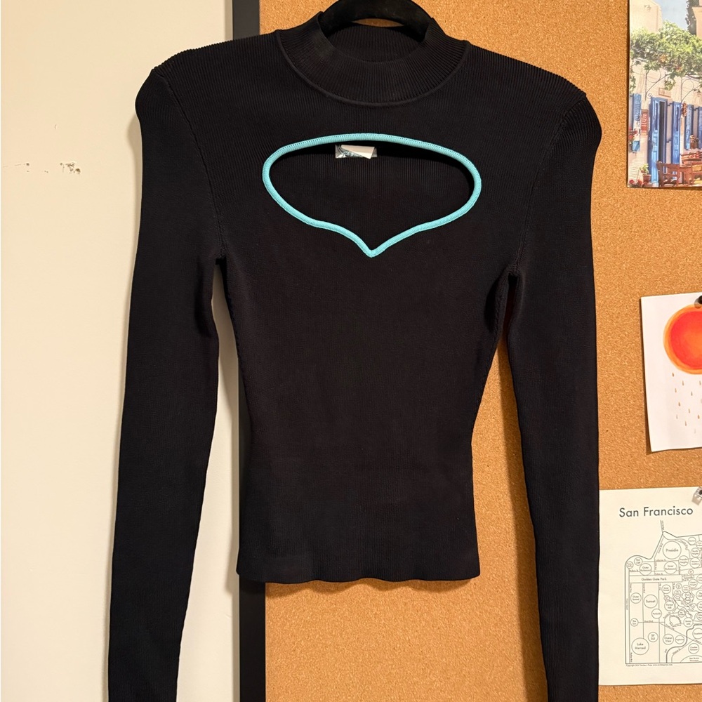 STAUD Black Long Sleeve Top with Blue Heart Detail